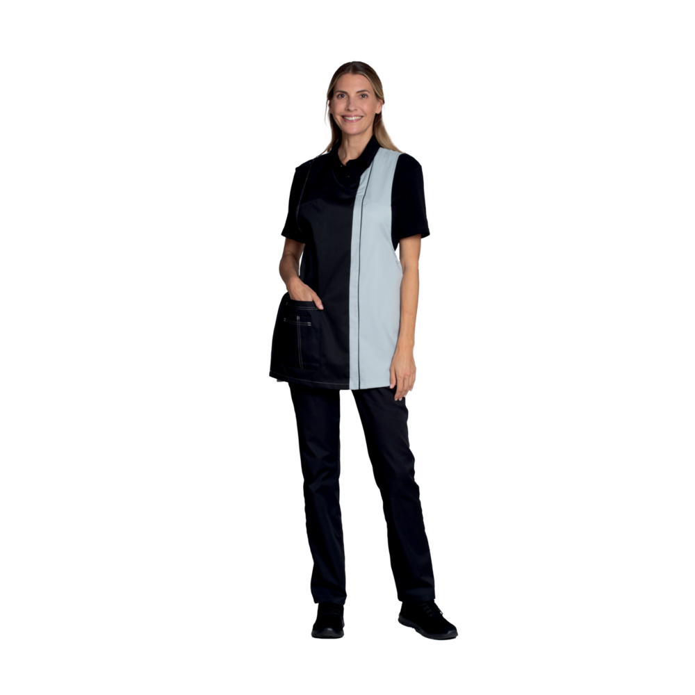 LEIBER Überwurfschürze Damen 08/2541 – schwarz/silbergrau (Am Modell)