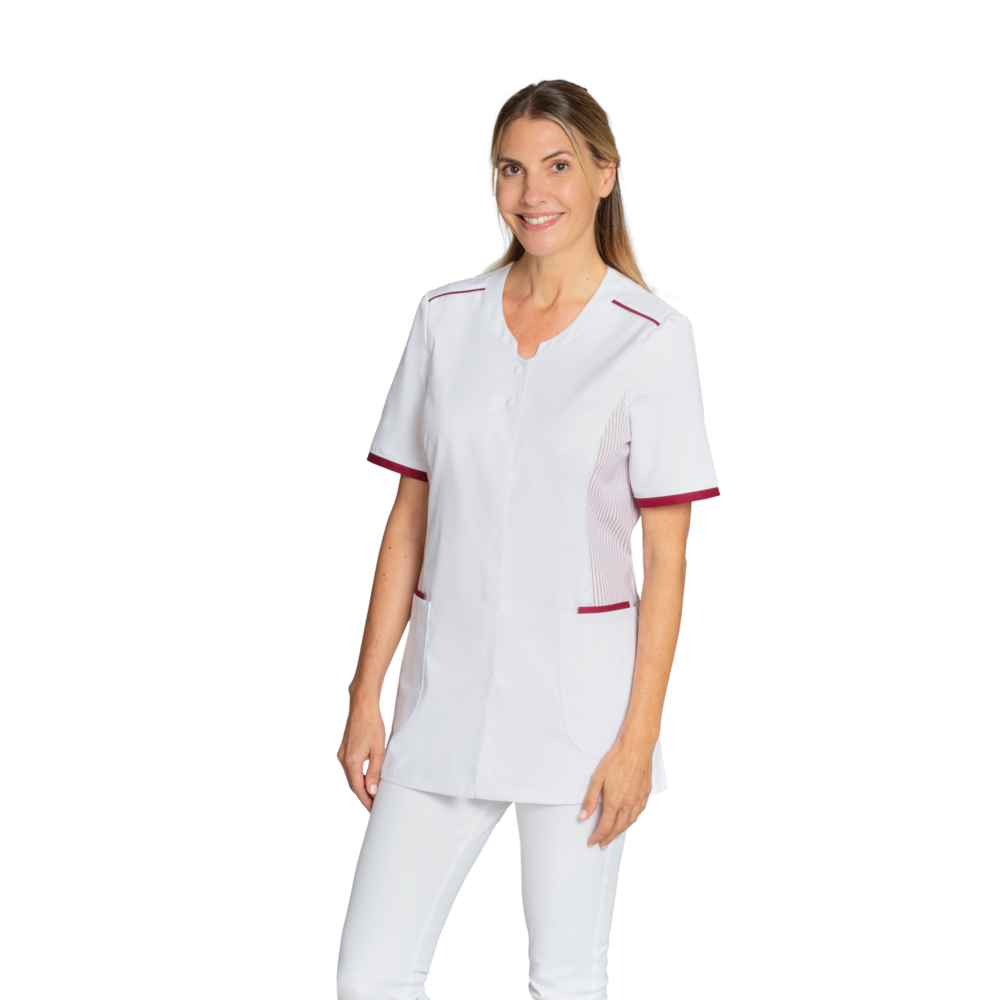 LEIBER Kasack Damen 08/2153 – weiß/bordeaux (Am Modell)